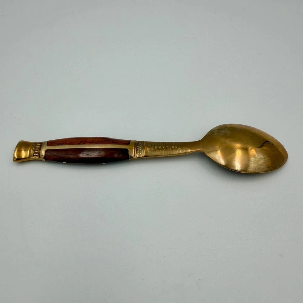 Vintage Thailand Bronze Spoon Wood Inlay Handle Mid Century Modern Flatware
